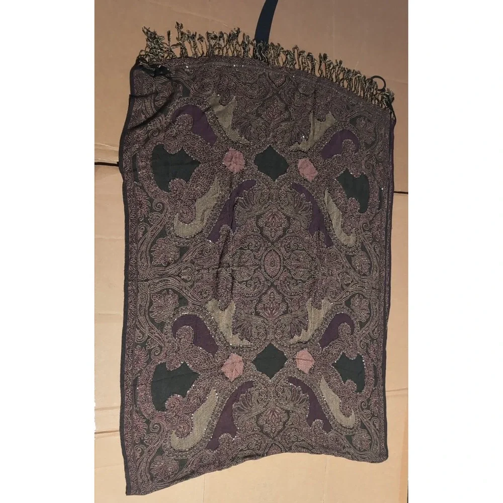 Purple Paisley Sequin Pashmina Shawl Scarf Fringe Wrap Plum Olive Black, Women's